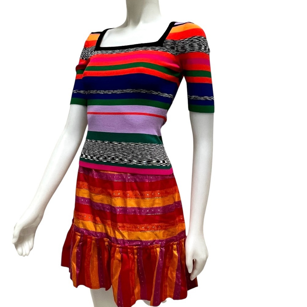 MILLY Rainbow Stripe Square Neck Knit Top ASO Ali Fisher Preppy Academia Sporty